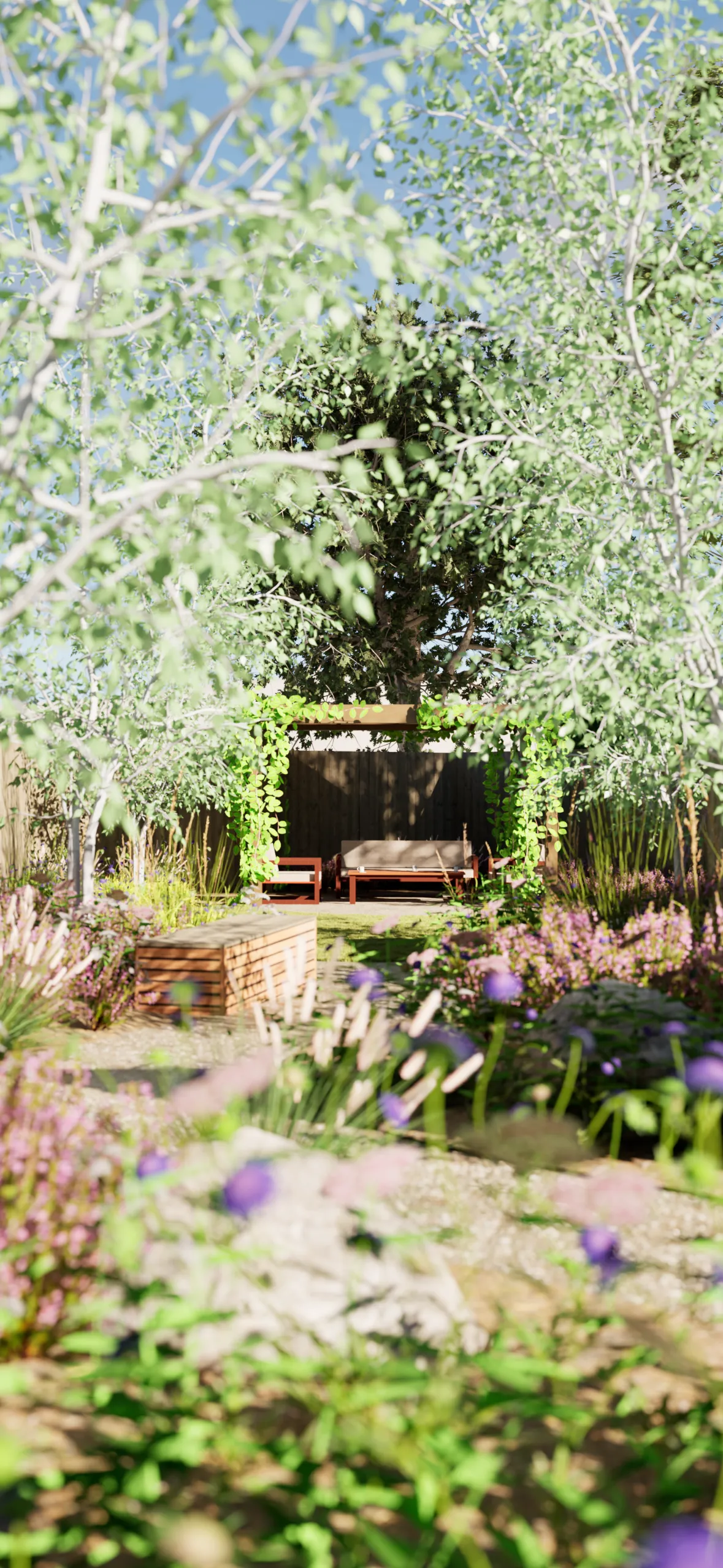 Garden with lush planting around a seating area
