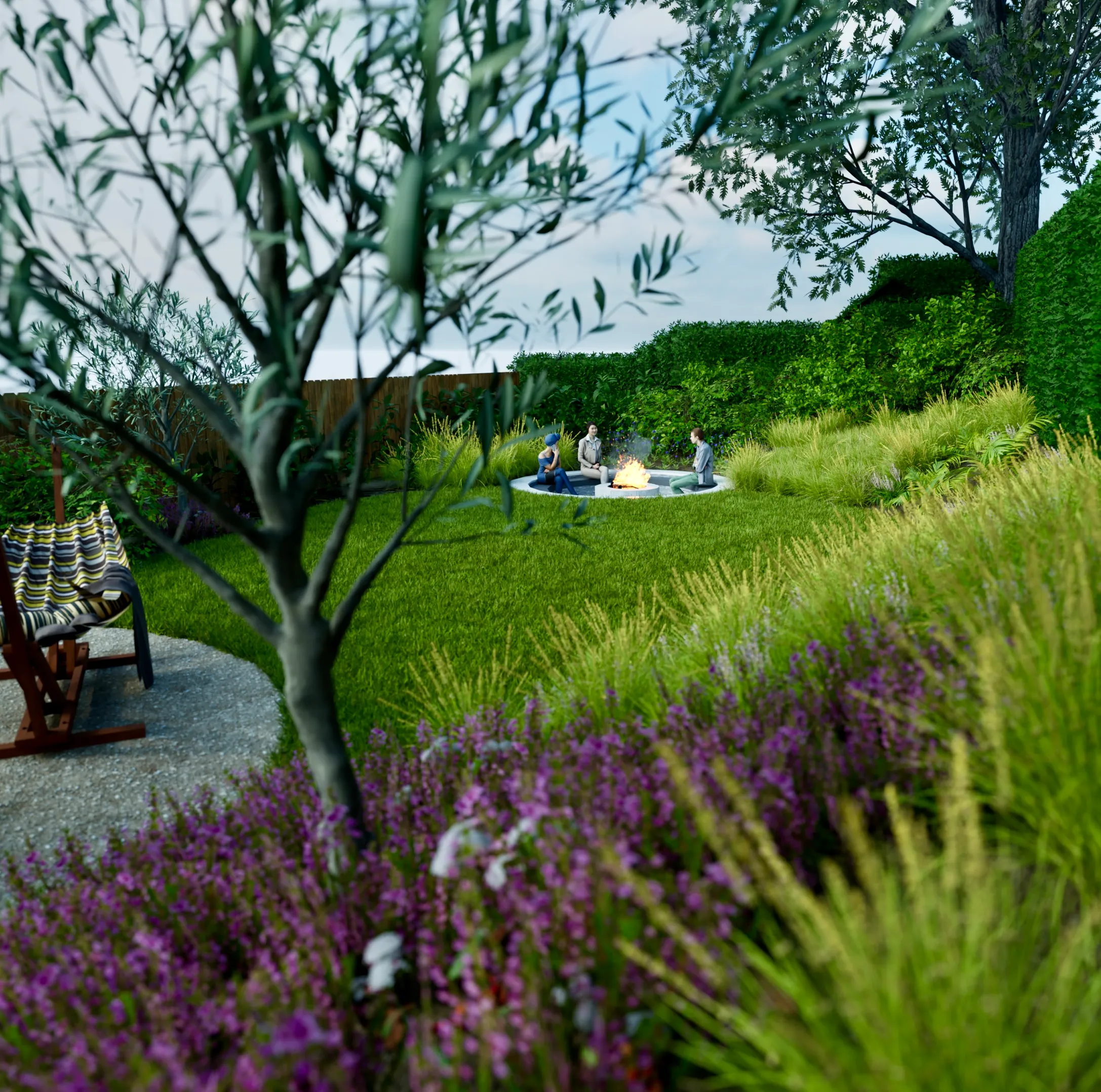 Long garden with strong axis and perennial borders.