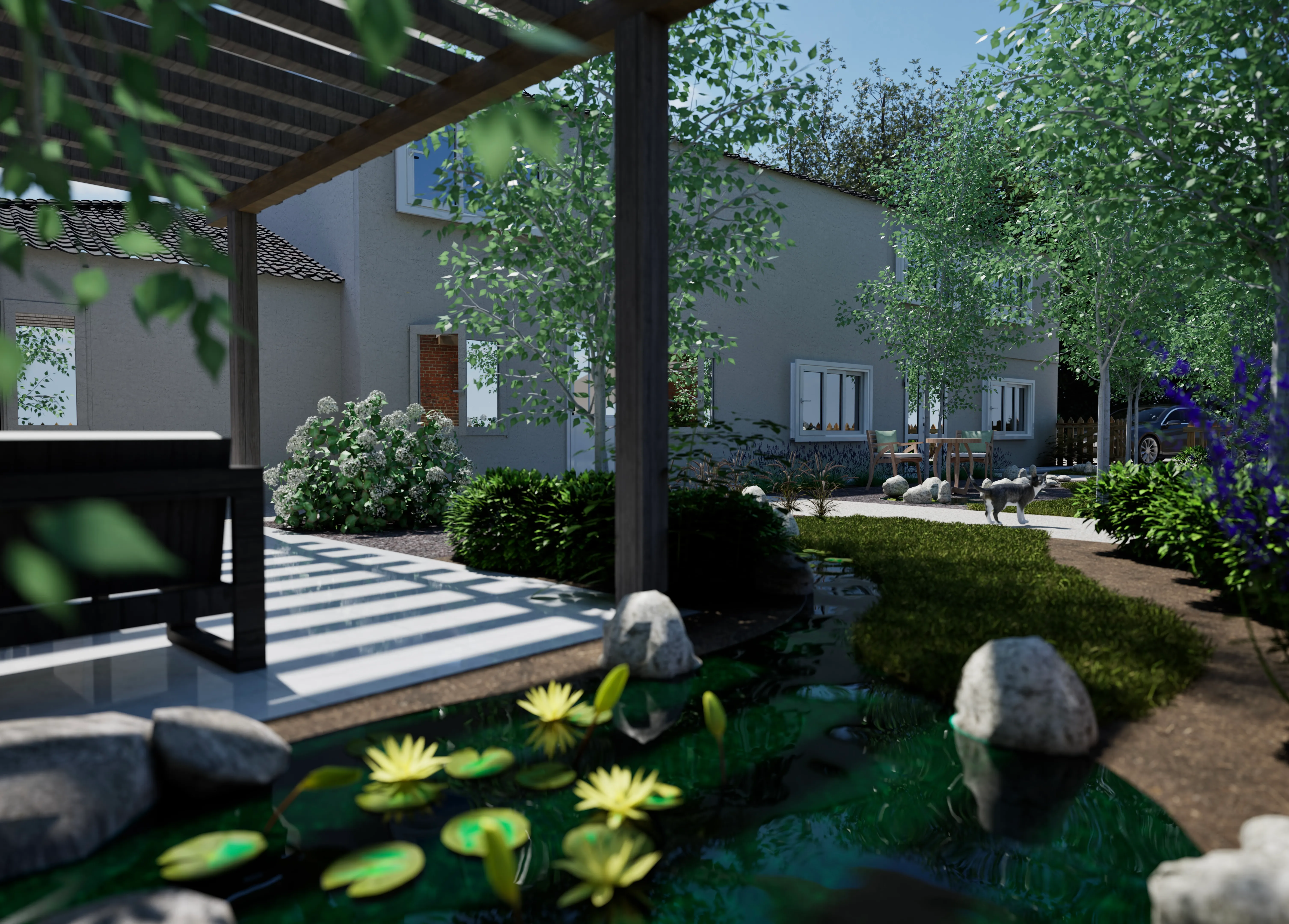 Pool terrace with outdoor kitchen and pergola.