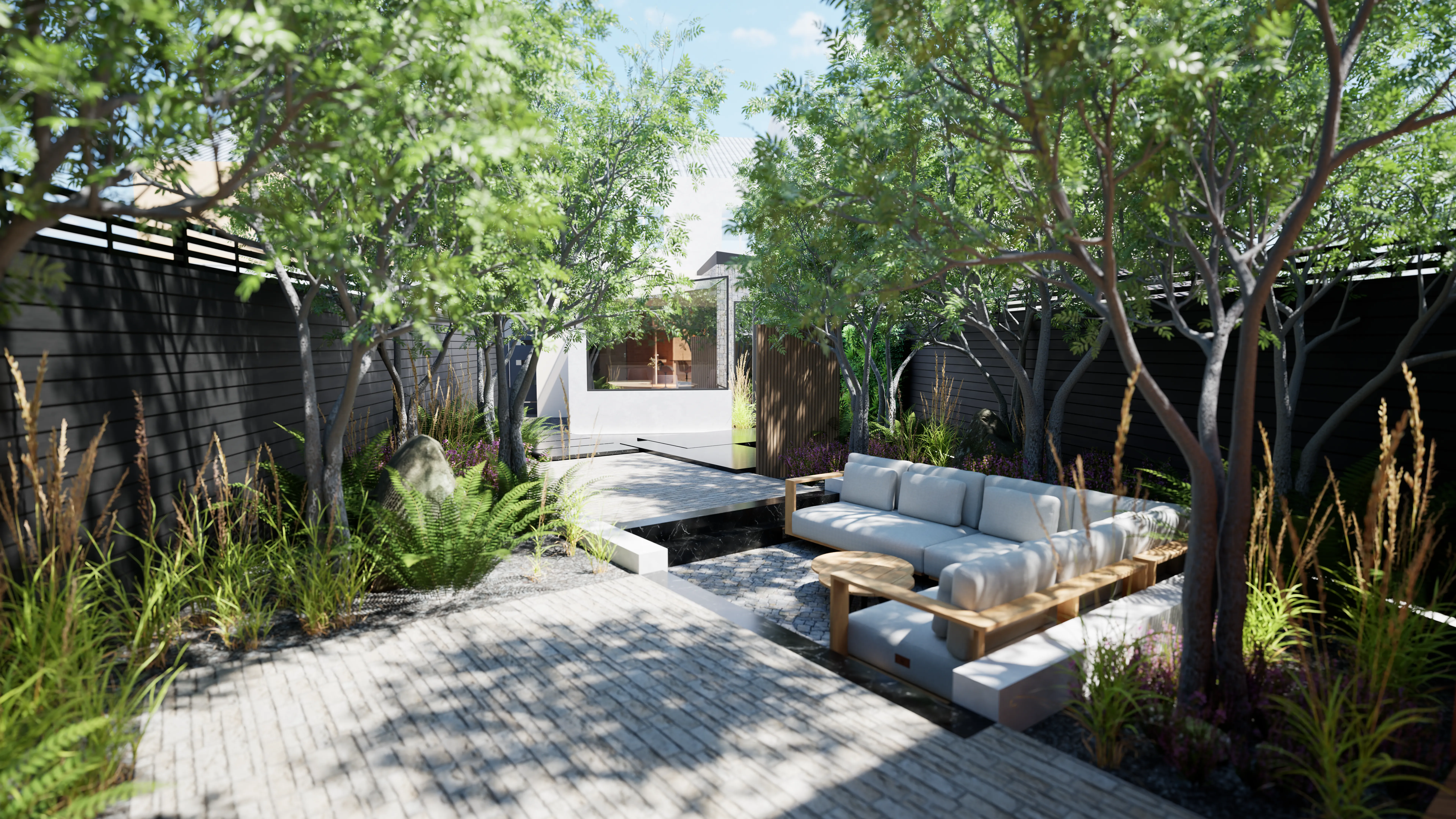 Shaded seating framed by trees and timber screens.