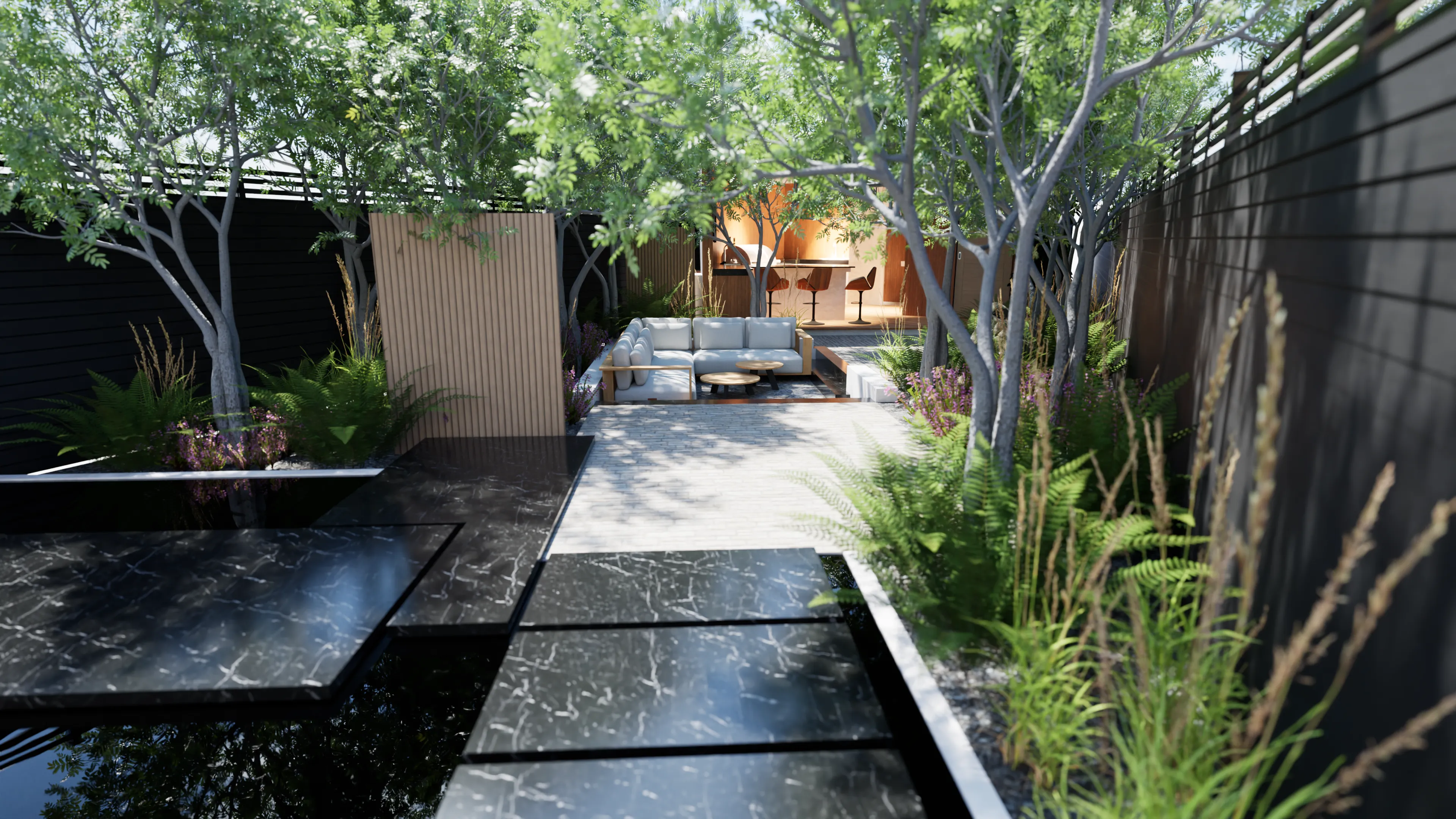 Quiet garden space with water, stone detailing and soft green planting